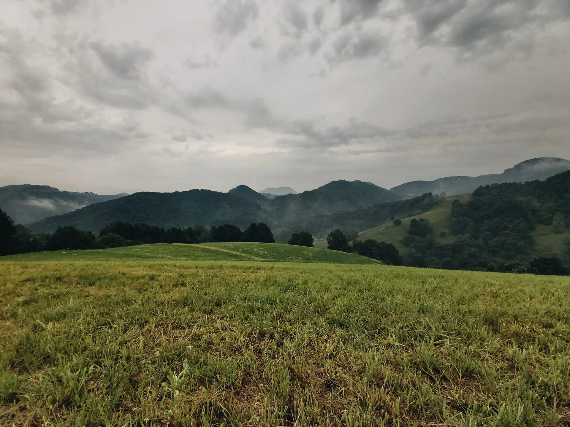 Misty Haloze hills at dusk, layered green ridges fading into low cloud.